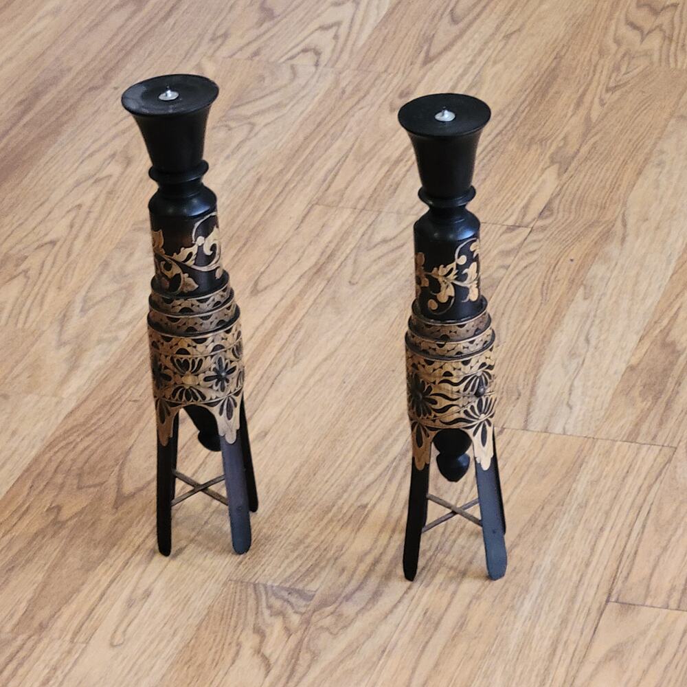 Pair of Vintage Hand Carved Indonesian Wood Art Candlesticks Candle Holders